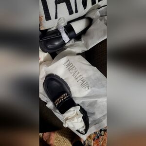 Dream Pairs Black Loafers with Metallic Chain Accent